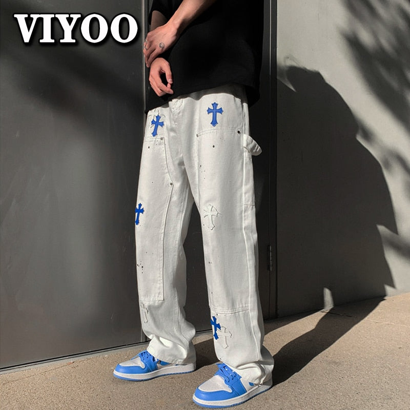 Baggy Cross Print Denim Pants – Vibe Streets
